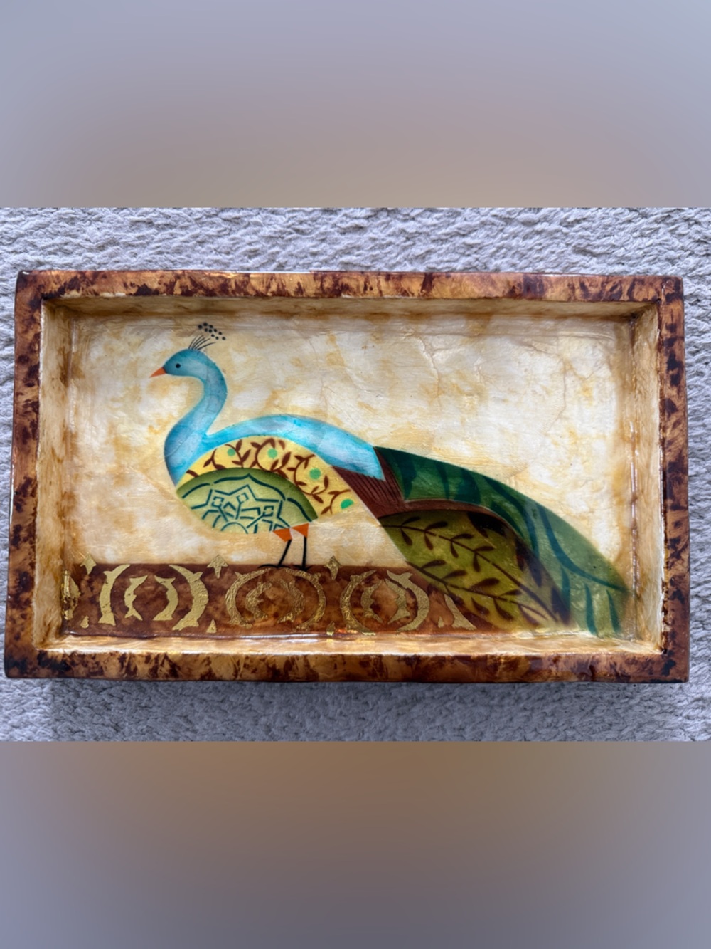 Handcrafted Blue & Green Peacock Tray Art - Decorative Home Art